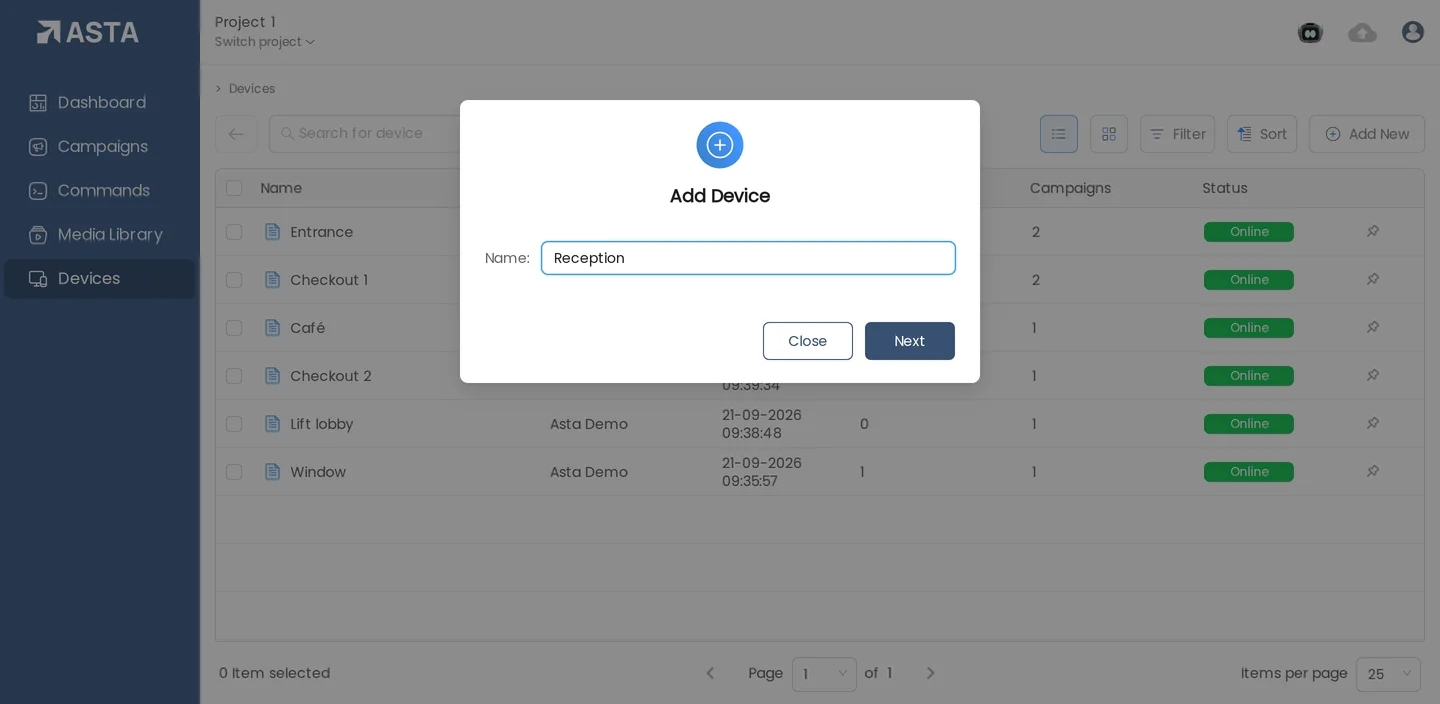 The Add Device dialog asking for a name