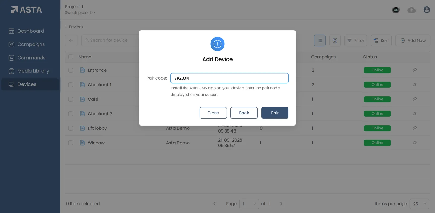 The Add Device dialog asking for the pair code