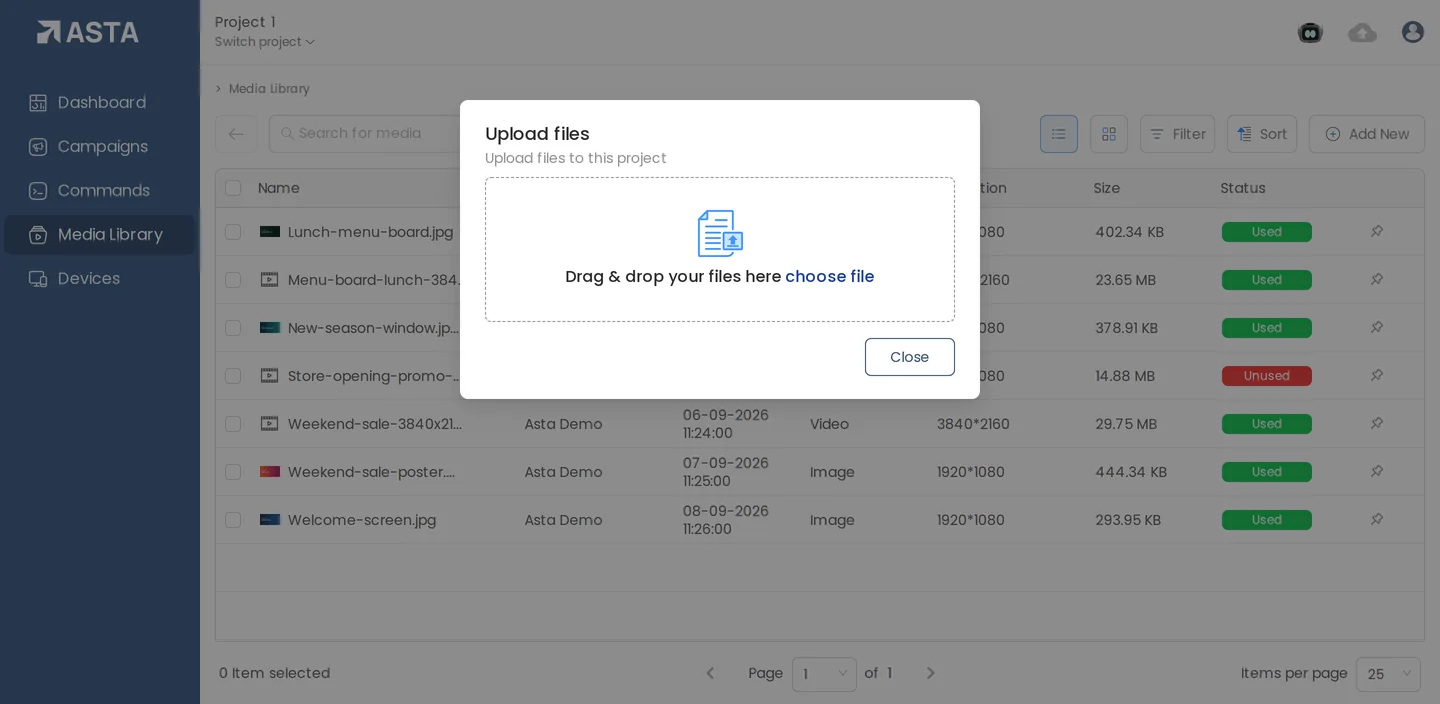 The Upload files dialog